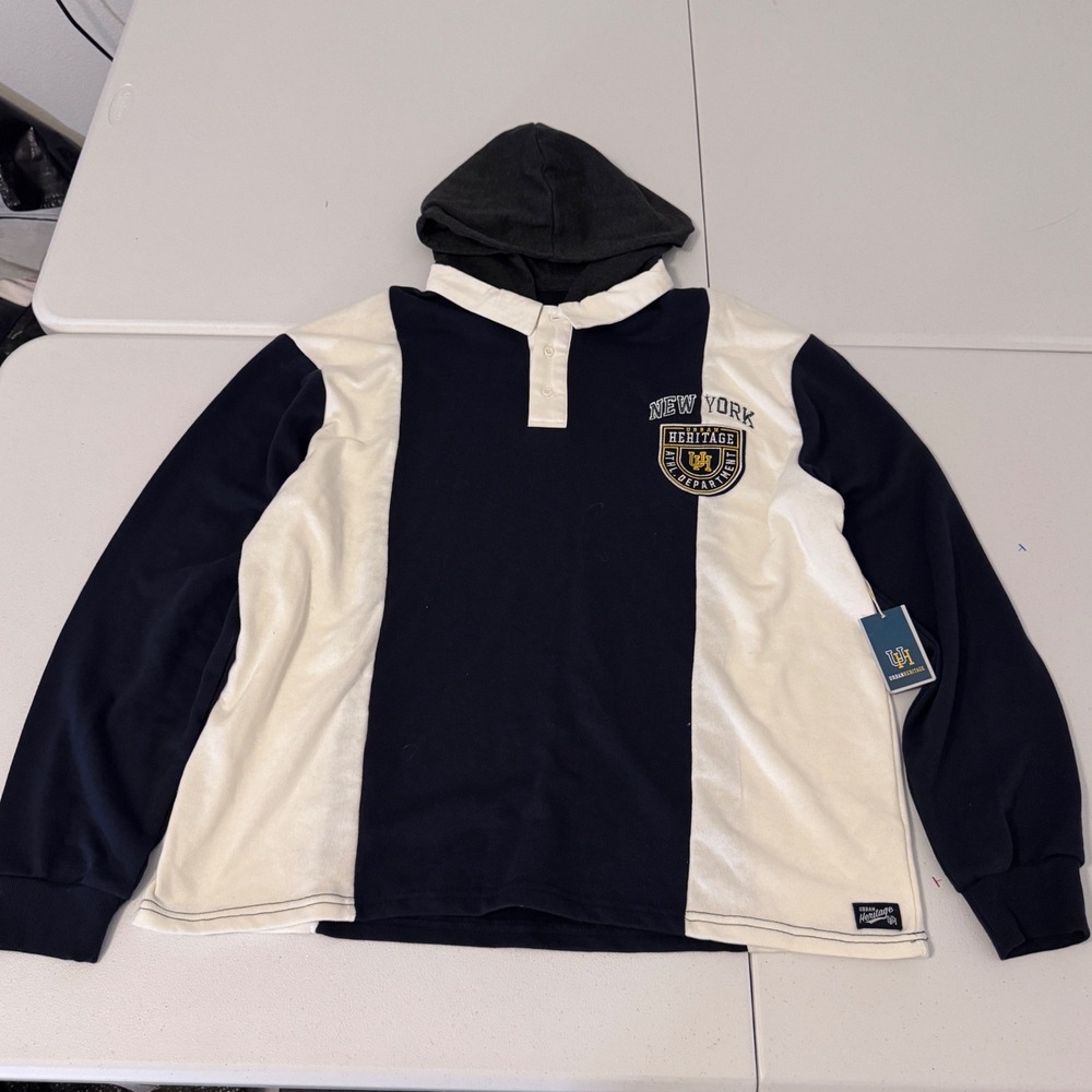 Urban Heritage New York Rugby Hoodie‎ Navy White Colorblock Mens XL NWT U3